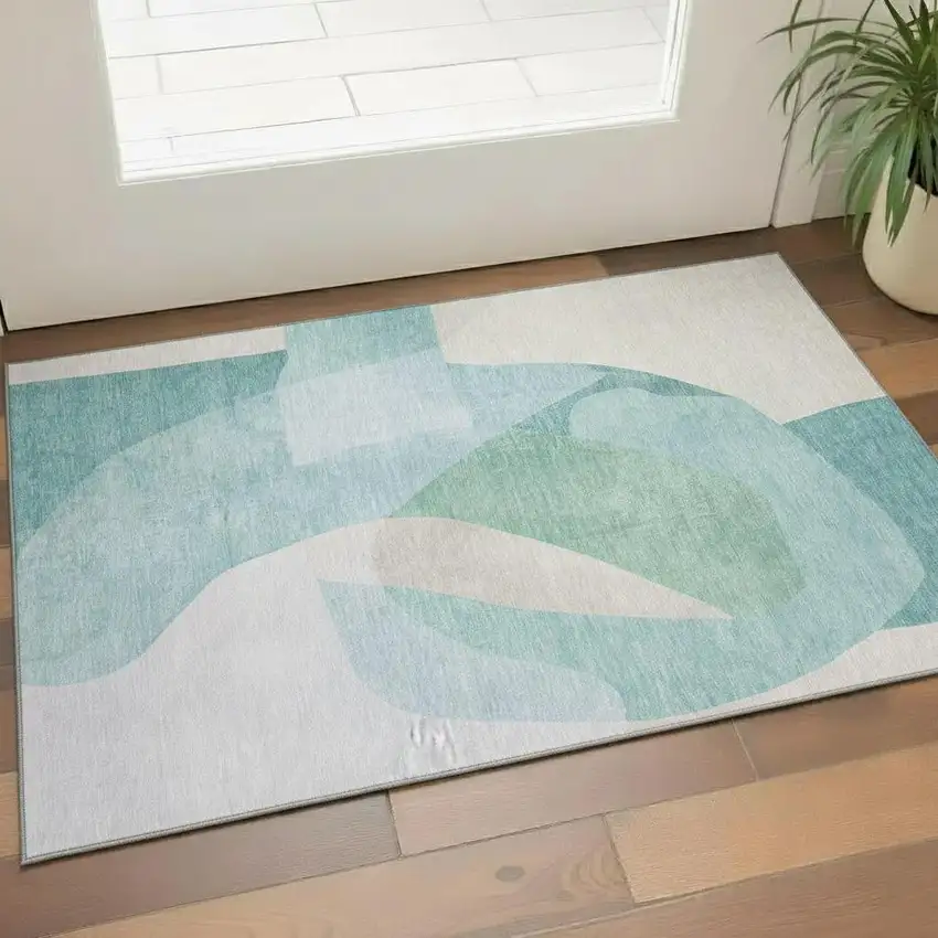 Pale Aqua And Beige Abstract Washable Area Rug With UV Protection Photo 2