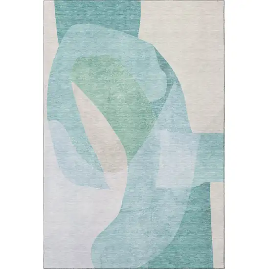 Pale Aqua And Beige Abstract Washable Area Rug With UV Protection Photo 4