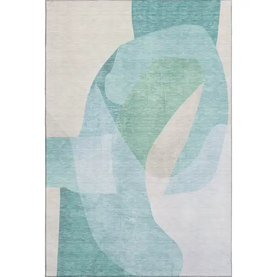 Pale Aqua And Beige Abstract Washable Area Rug With UV Protection Photo 1