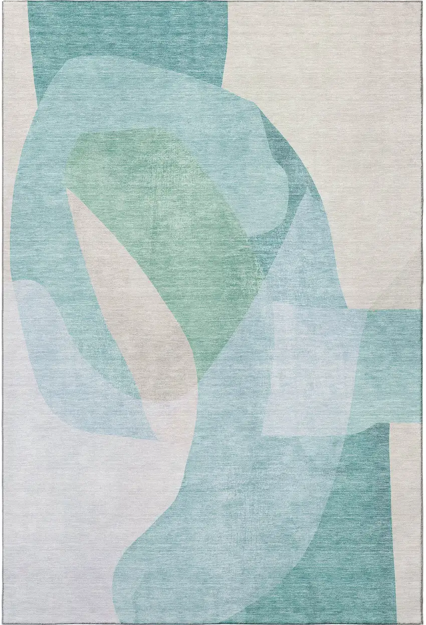 Pale Aqua And Beige Abstract Washable Area Rug With UV Protection Photo 4