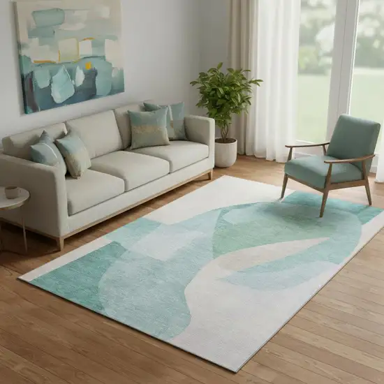 Pale Aqua And Beige Abstract Washable Area Rug With UV Protection Photo 2
