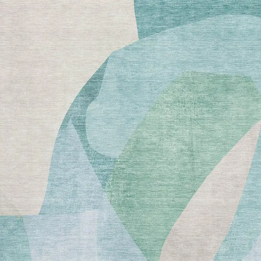 Pale Aqua And Beige Abstract Washable Area Rug With UV Protection Photo 3