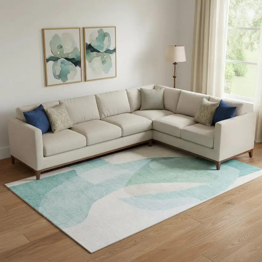 Pale Aqua And Beige Abstract Washable Area Rug With UV Protection Photo 2