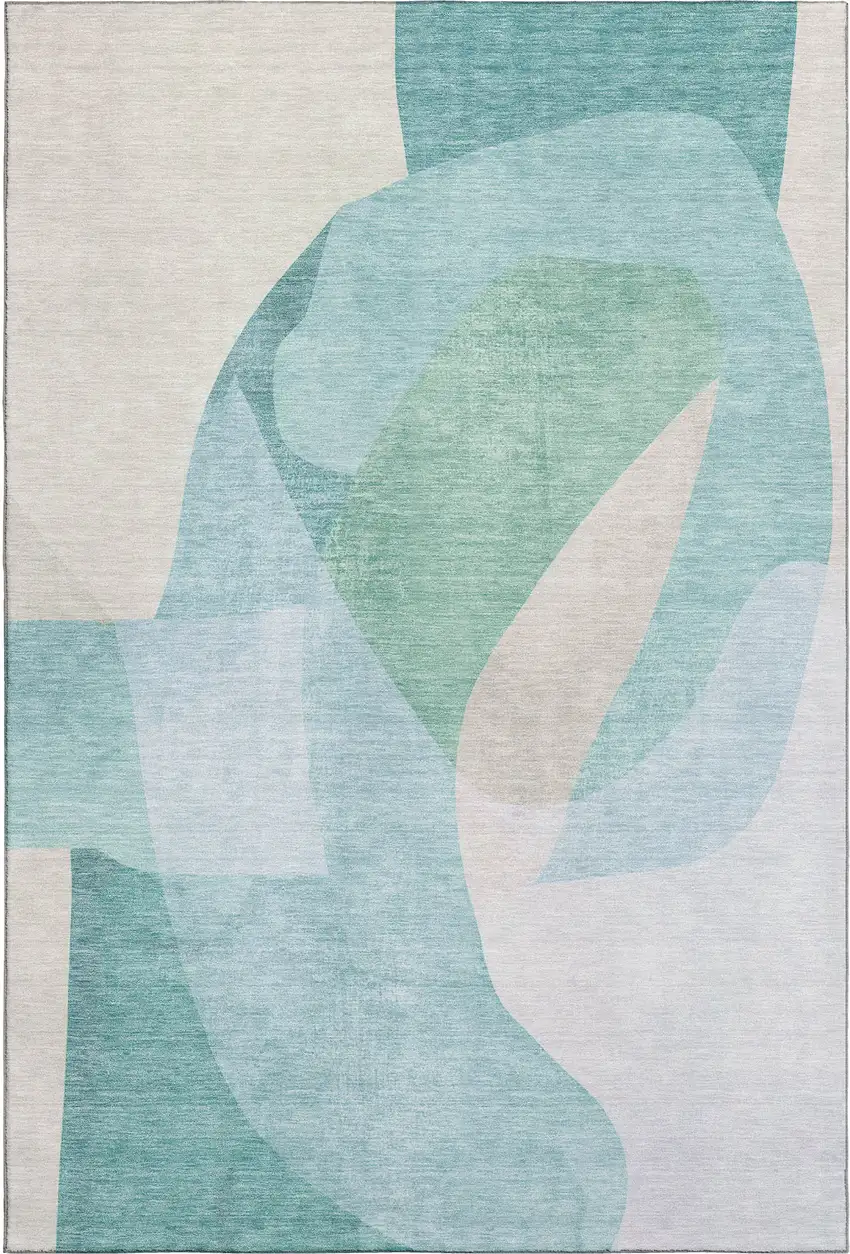 Pale Aqua And Beige Abstract Washable Area Rug With UV Protection Photo 1