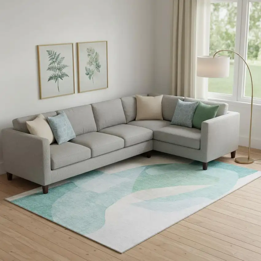 Pale Aqua And Beige Abstract Washable Area Rug With UV Protection Photo 2