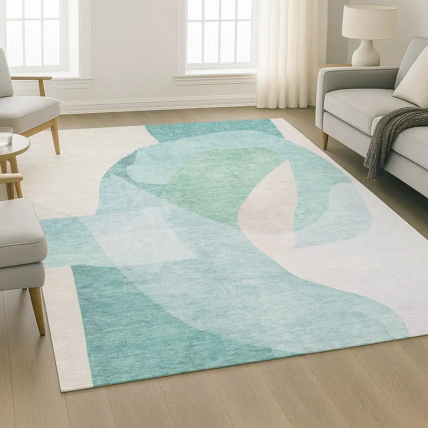 Pale Aqua And Beige Abstract Washable Area Rug With UV Protection Photo 6