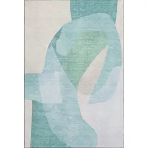 Photo of Pale Aqua And Beige Abstract Washable Area Rug With UV Protection