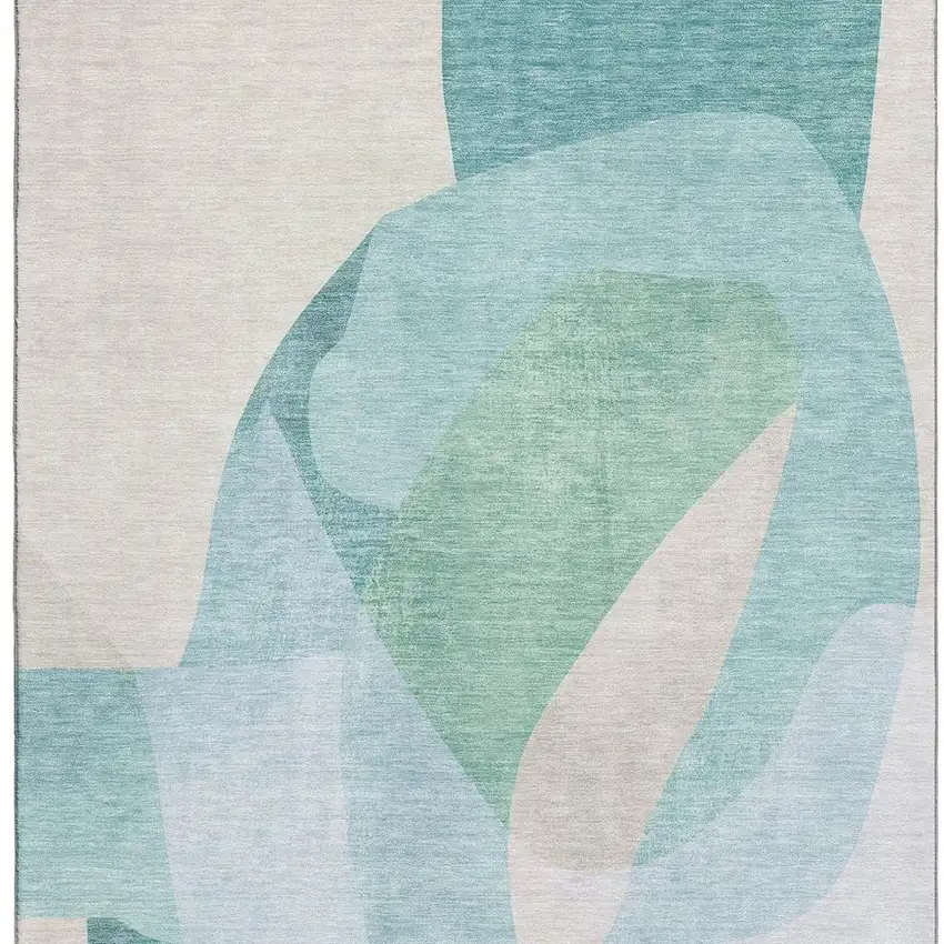 Pale Aqua And Beige Abstract Washable Area Rug With UV Protection Photo 4