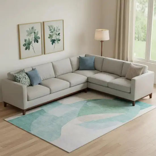 Pale Aqua And Beige Abstract Washable Area Rug With UV Protection Photo 2