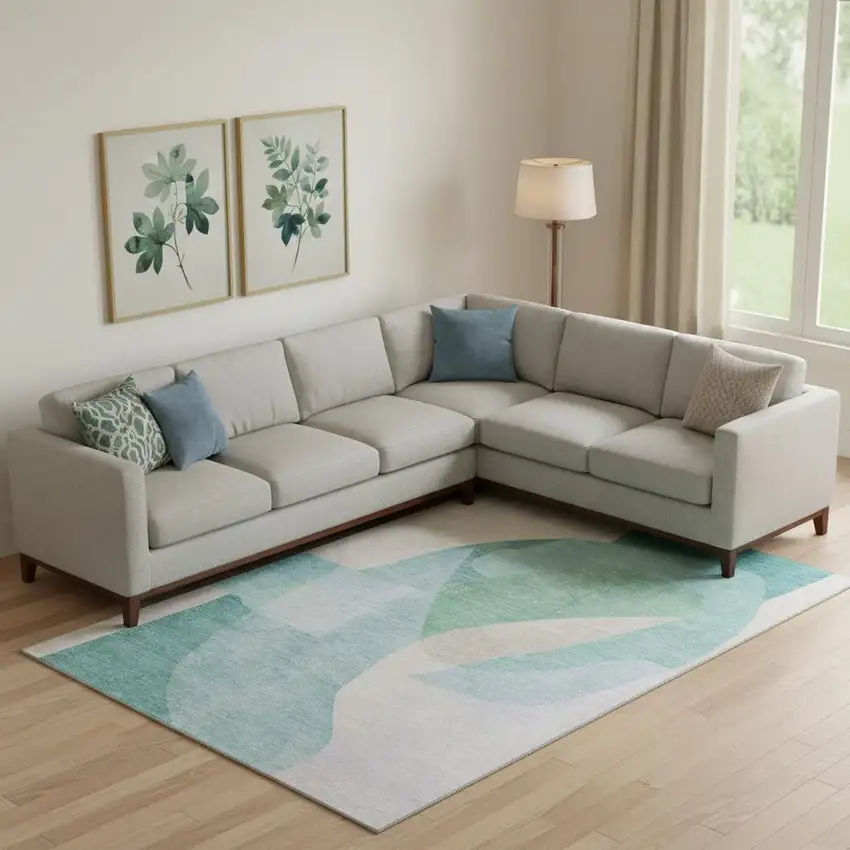 Pale Aqua And Beige Abstract Washable Area Rug With UV Protection Photo 2