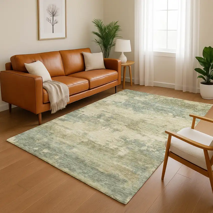 Pale Aqua And Beige Abstract Washable Area Rug With UV Protection Photo 5