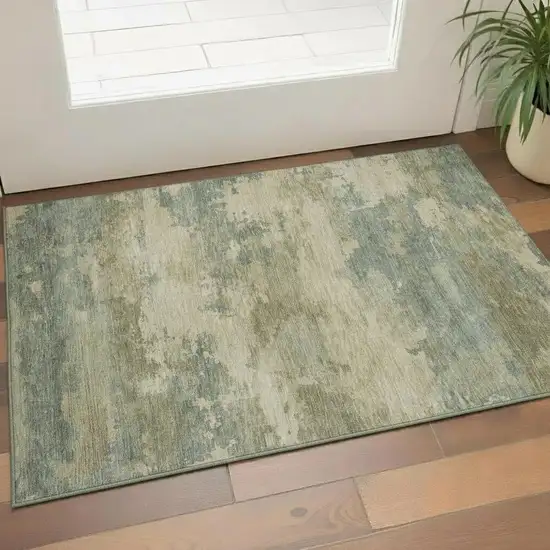 Pale Aqua And Beige Abstract Washable Area Rug With UV Protection Photo 2
