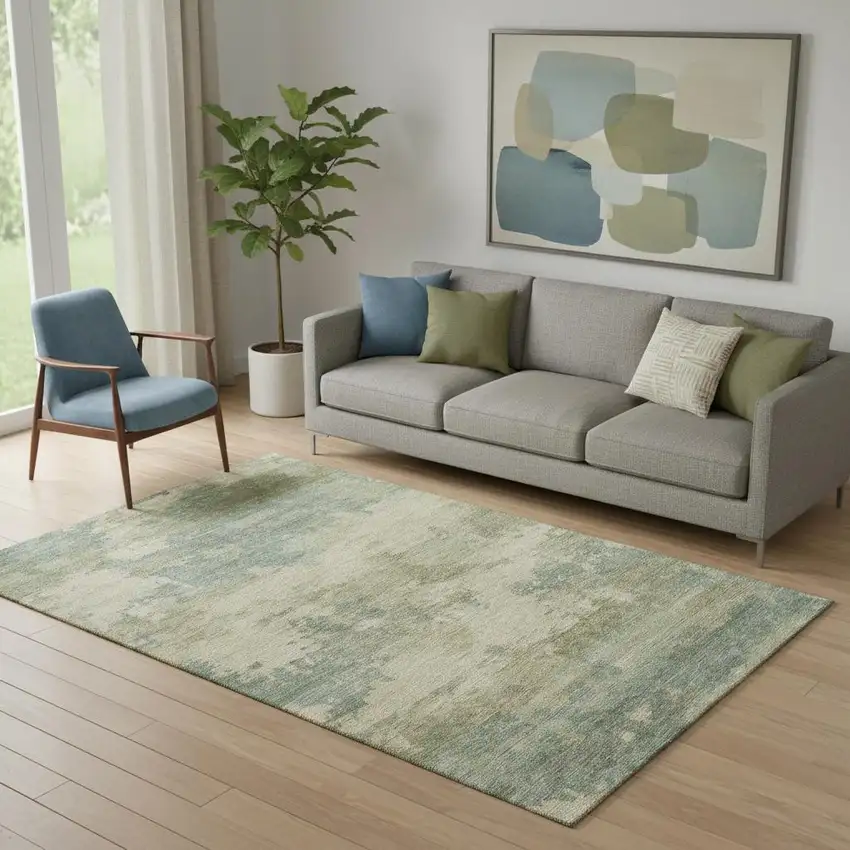 Pale Aqua And Beige Abstract Washable Area Rug With UV Protection Photo 2