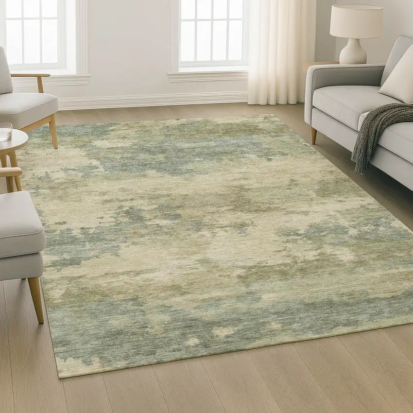 Pale Aqua And Beige Abstract Washable Area Rug With UV Protection Photo 6