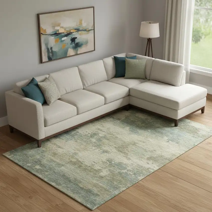 Pale Aqua And Beige Abstract Washable Area Rug With UV Protection Photo 2