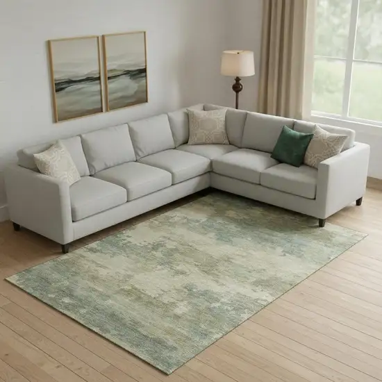Pale Aqua And Beige Abstract Washable Area Rug With UV Protection Photo 2