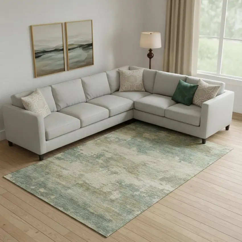 Pale Aqua And Beige Abstract Washable Area Rug With UV Protection Photo 2