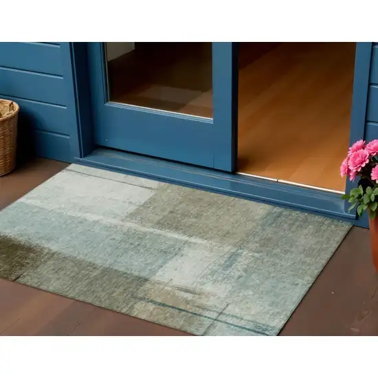Pale Aqua And Beige Abstract Washable Indoor Outdoor Area Rug Photo 2