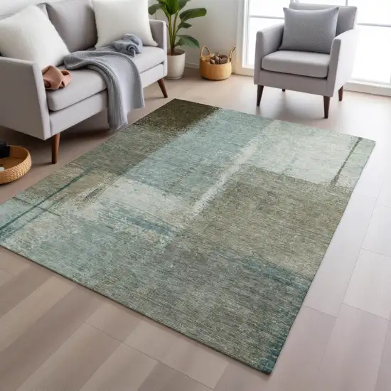 Pale Aqua And Beige Abstract Washable Indoor Outdoor Area Rug Photo 4