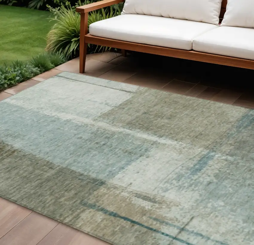 Pale Aqua And Beige Abstract Washable Indoor Outdoor Area Rug Photo 2