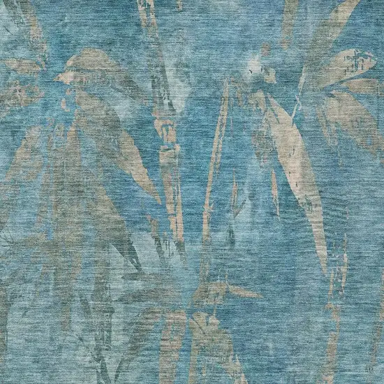 Pale Aqua And Beige Botanical Leaves Washable Indoor Outdoor Area Rug Photo 6