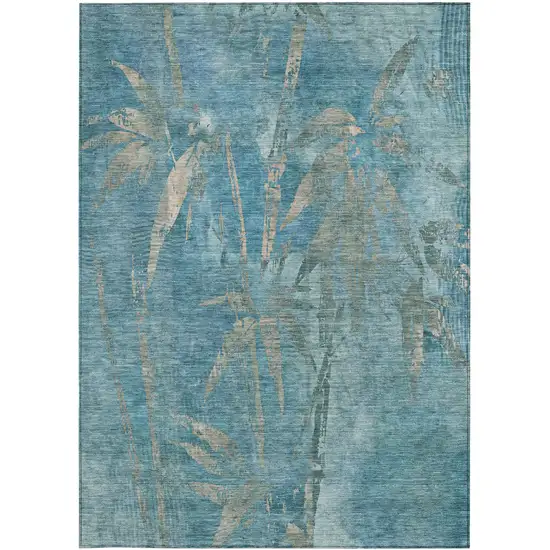 Pale Aqua And Beige Botanical Leaves Washable Indoor Outdoor Area Rug Photo 4
