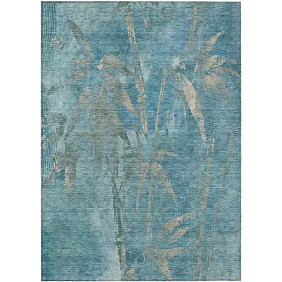 Pale Aqua And Beige Botanical Leaves Washable Indoor Outdoor Area Rug Photo 2