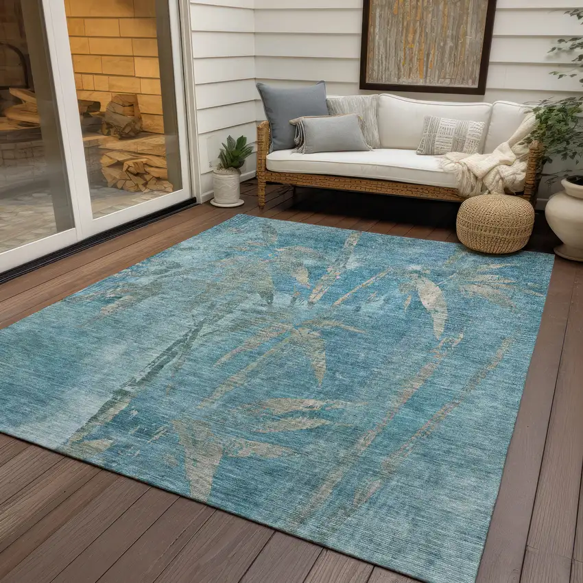Pale Aqua And Beige Botanical Leaves Washable Indoor Outdoor Area Rug Photo 9