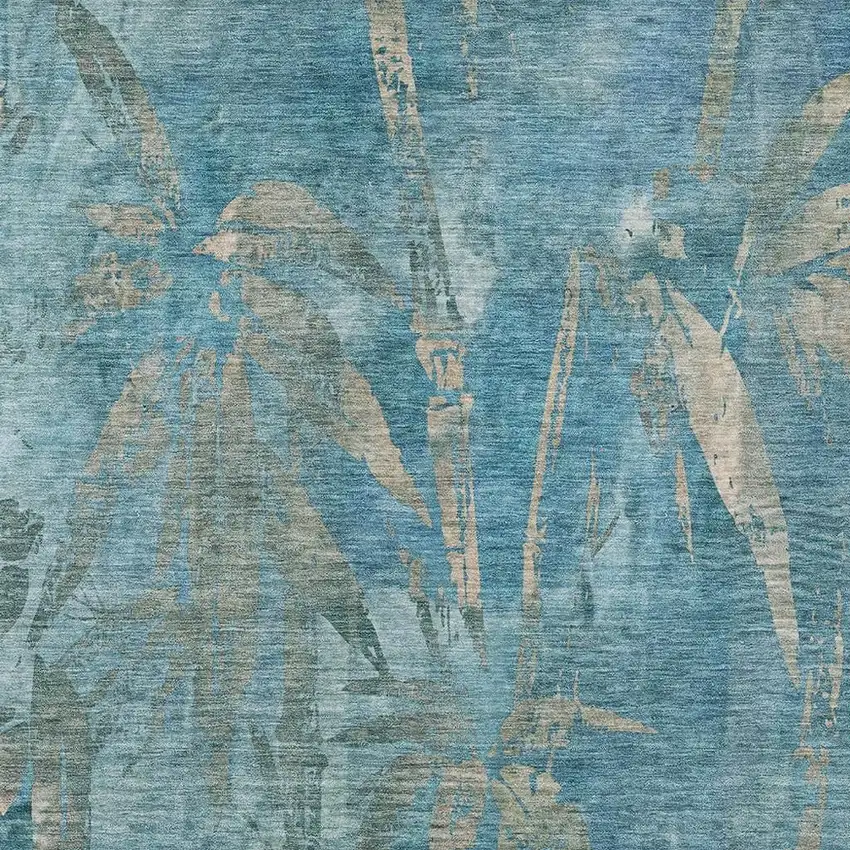 Pale Aqua And Beige Botanical Leaves Washable Indoor Outdoor Area Rug Photo 6