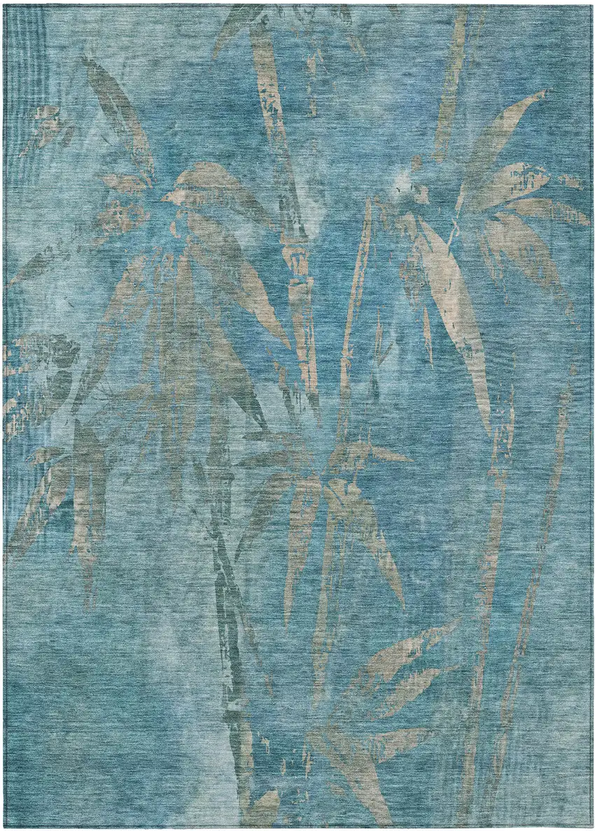 Pale Aqua And Beige Botanical Leaves Washable Indoor Outdoor Area Rug Photo 2