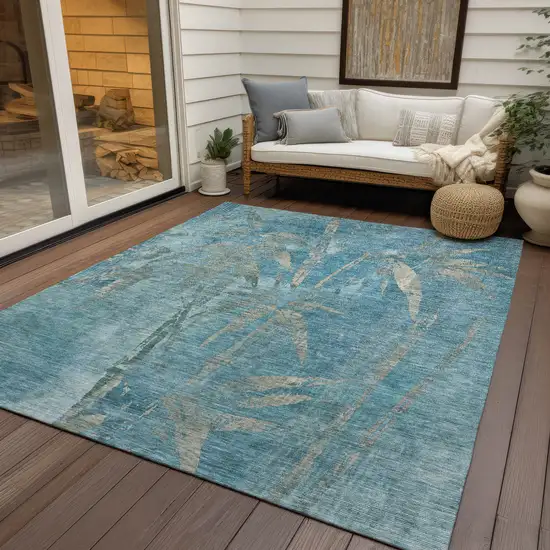 Pale Aqua And Beige Botanical Leaves Washable Indoor Outdoor Area Rug Photo 9