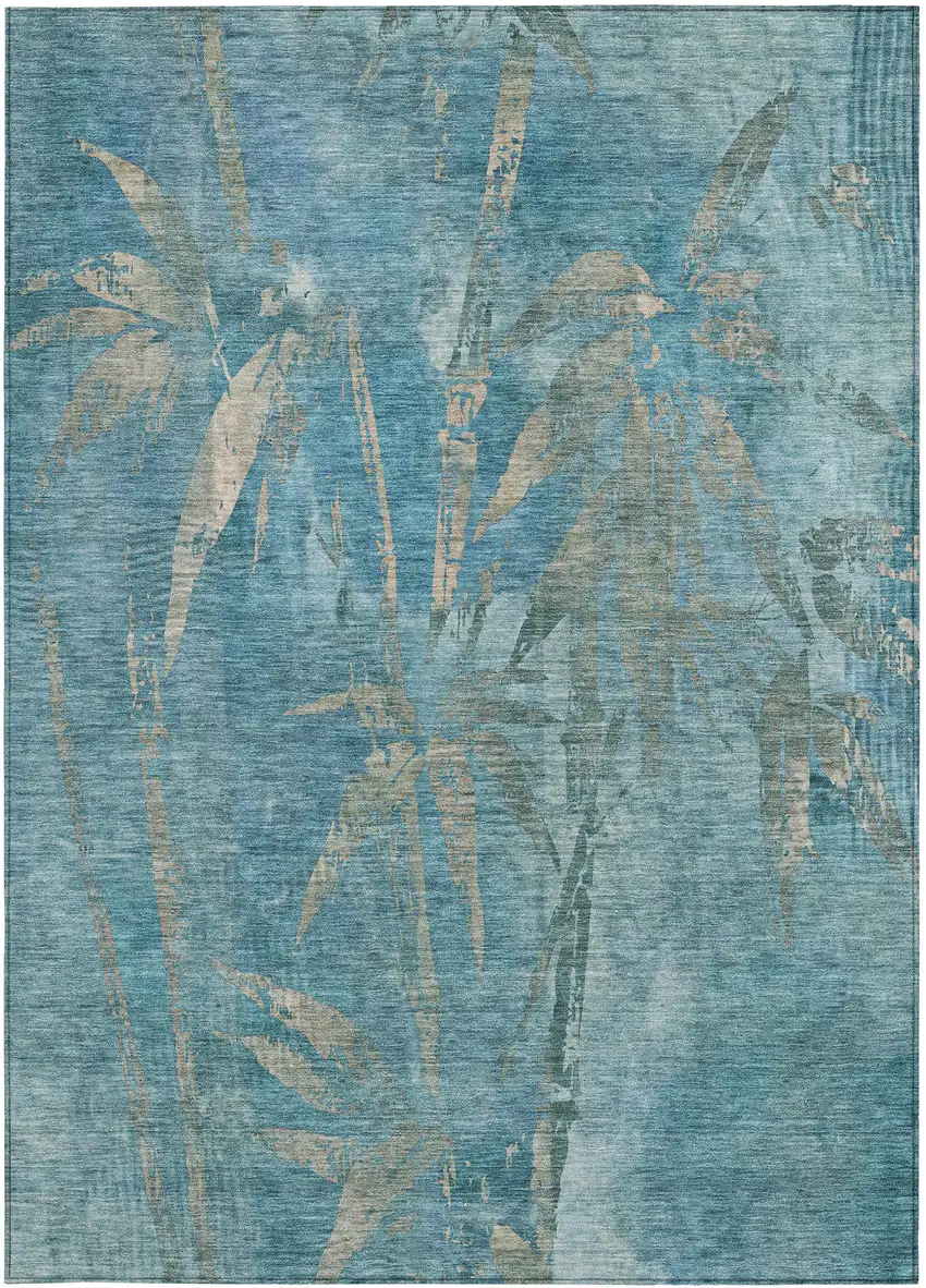 Pale Aqua And Beige Botanical Leaves Washable Indoor Outdoor Area Rug Photo 4