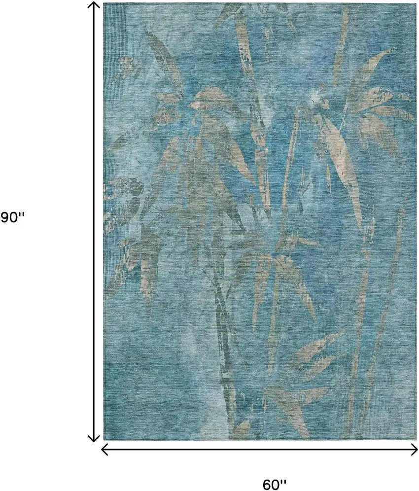 Pale Aqua And Beige Botanical Leaves Washable Indoor Outdoor Area Rug Photo 3