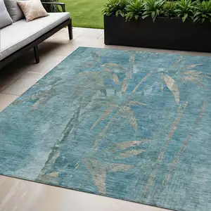 Photo of Pale Aqua And Beige Botanical Leaves Washable Indoor Outdoor Area Rug
