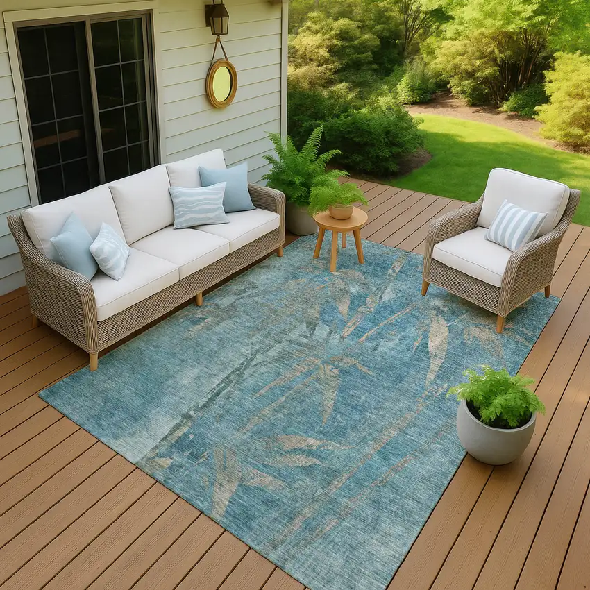 Pale Aqua And Beige Botanical Leaves Washable Indoor Outdoor Area Rug Photo 5