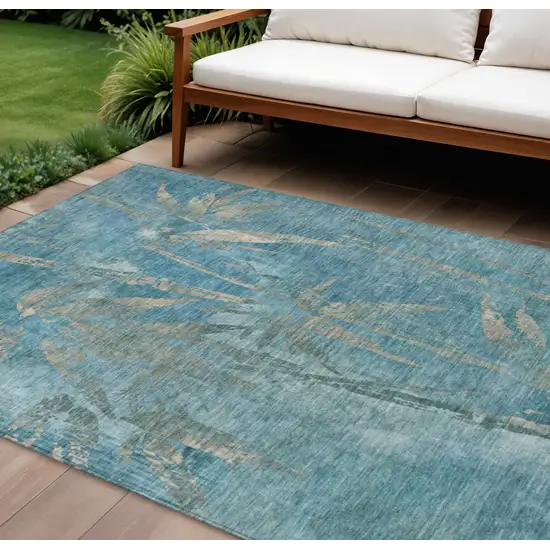 Pale Aqua And Beige Botanical Leaves Washable Indoor Outdoor Area Rug Photo 1
