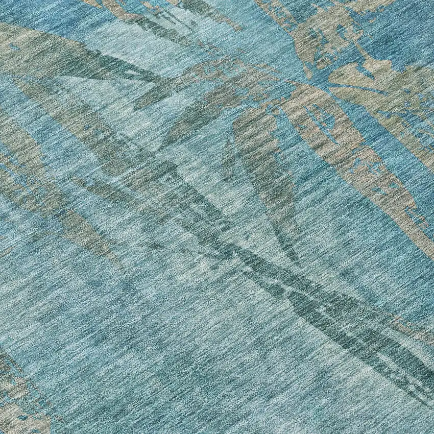 Pale Aqua And Beige Botanical Leaves Washable Indoor Outdoor Area Rug Photo 9