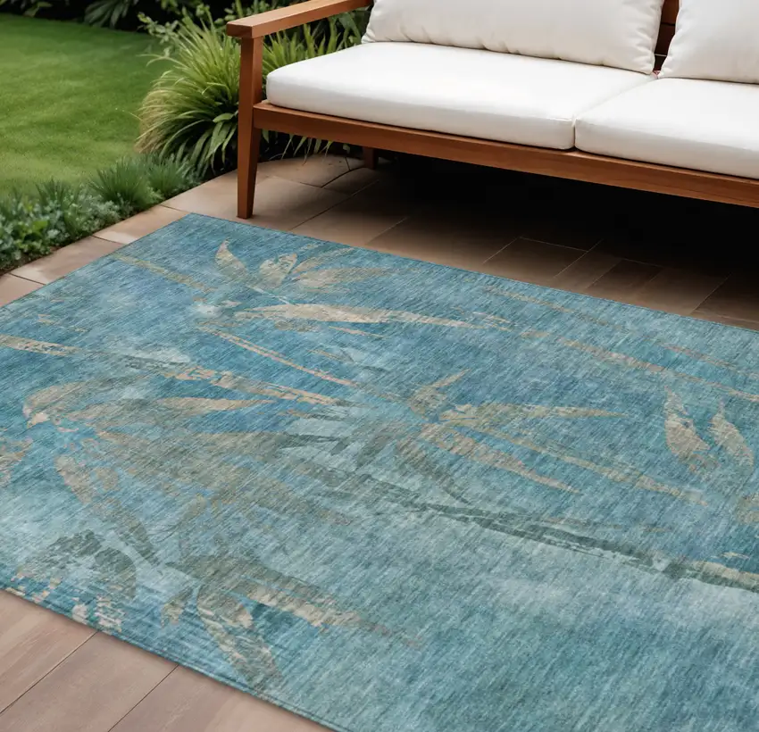 Pale Aqua And Beige Botanical Leaves Washable Indoor Outdoor Area Rug Photo 1