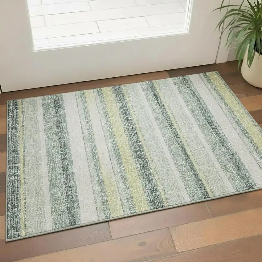 Pale Aqua And Beige Striped Washable Area Rug With UV Protection Photo 2