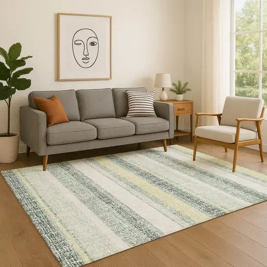 Pale Aqua And Beige Striped Washable Area Rug With UV Protection Photo 4