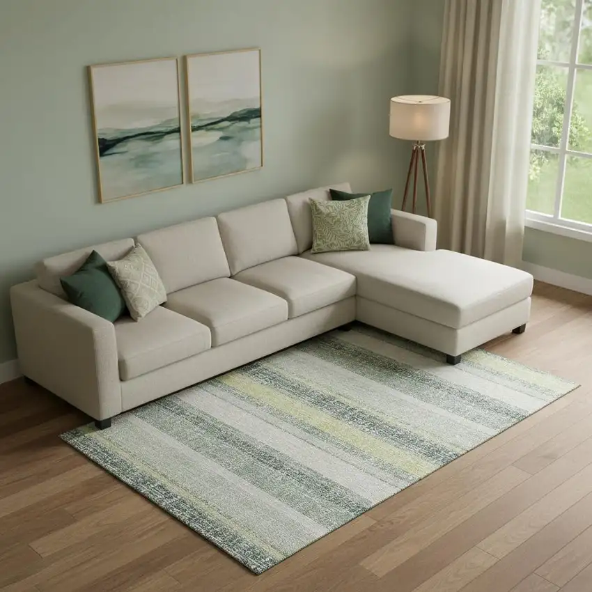 Pale Aqua And Beige Striped Washable Area Rug With UV Protection Photo 2