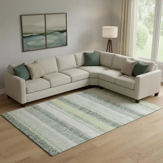 Pale Aqua And Beige Striped Washable Area Rug With UV Protection Photo 2