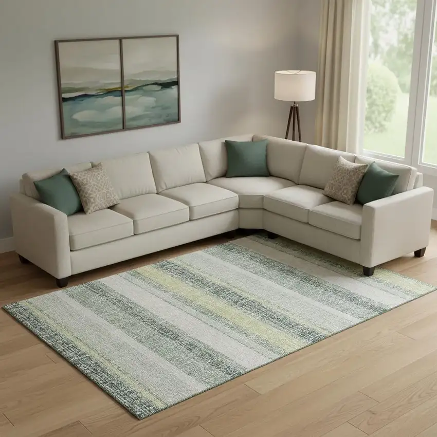 Pale Aqua And Beige Striped Washable Area Rug With UV Protection Photo 2