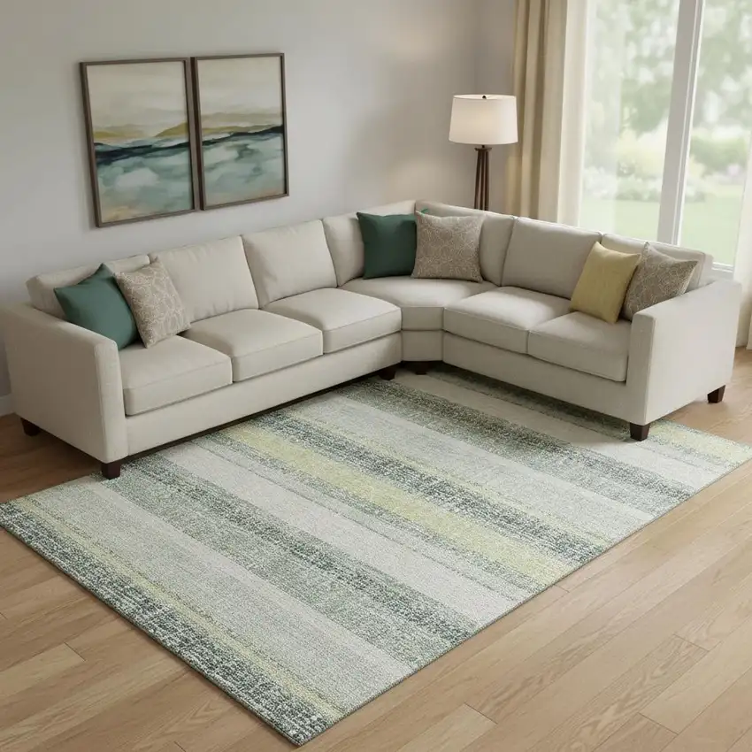 Pale Aqua And Beige Striped Washable Area Rug With UV Protection Photo 2