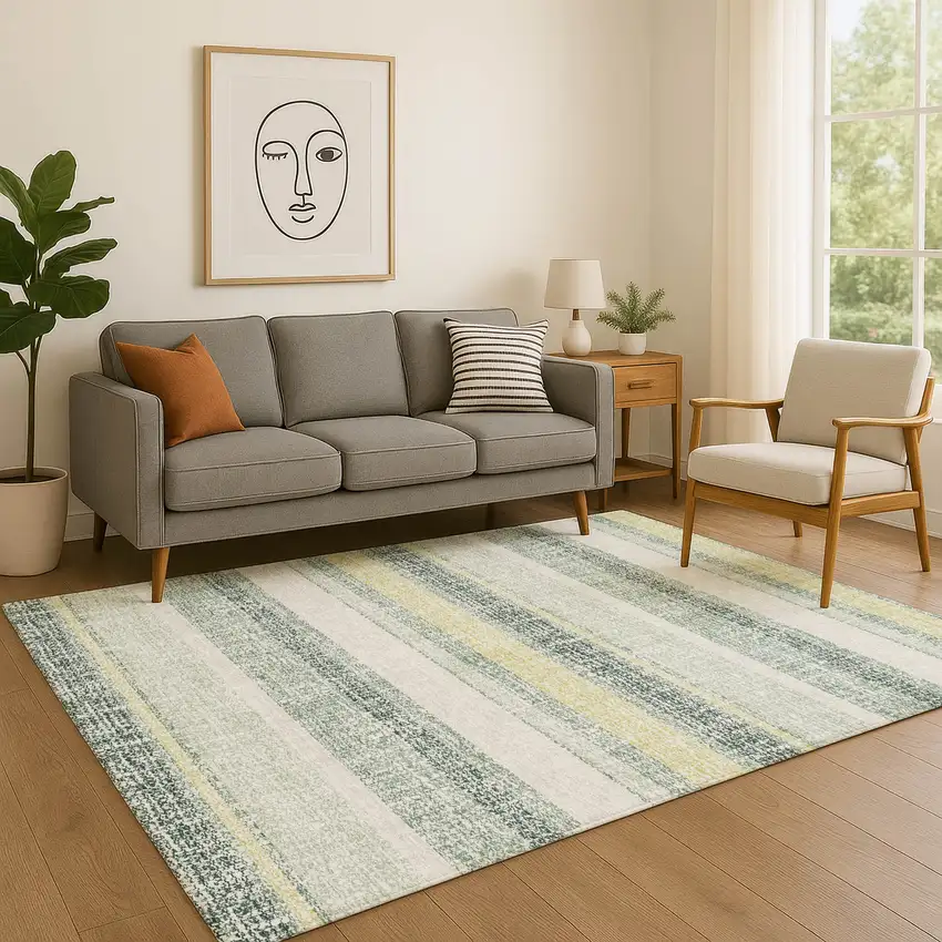 Pale Aqua And Beige Striped Washable Area Rug With UV Protection Photo 5