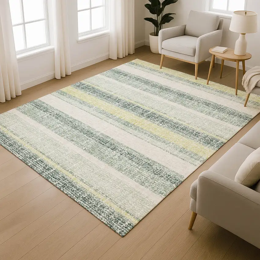 Pale Aqua And Beige Striped Washable Area Rug With UV Protection Photo 6
