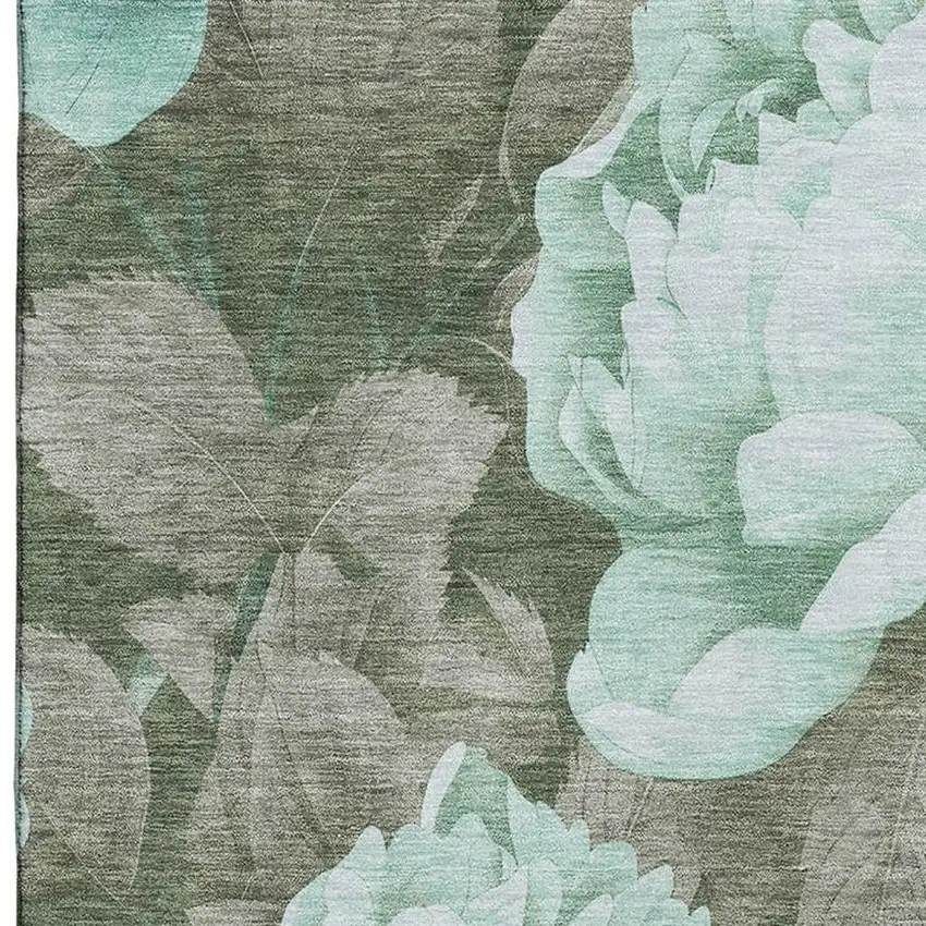 Pale Aqua And Brown Floral Washable Area Rug With UV Protection Photo 2
