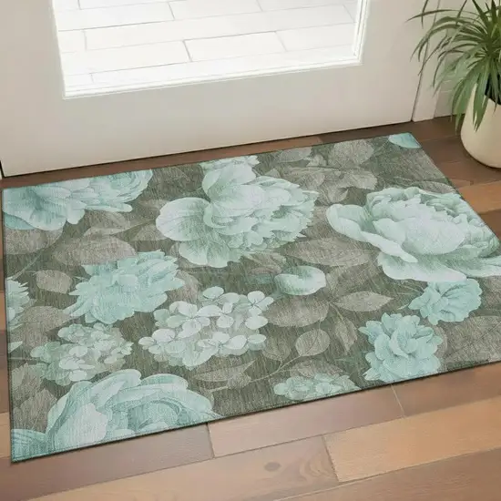 Pale Aqua And Brown Floral Washable Area Rug With UV Protection Photo 2
