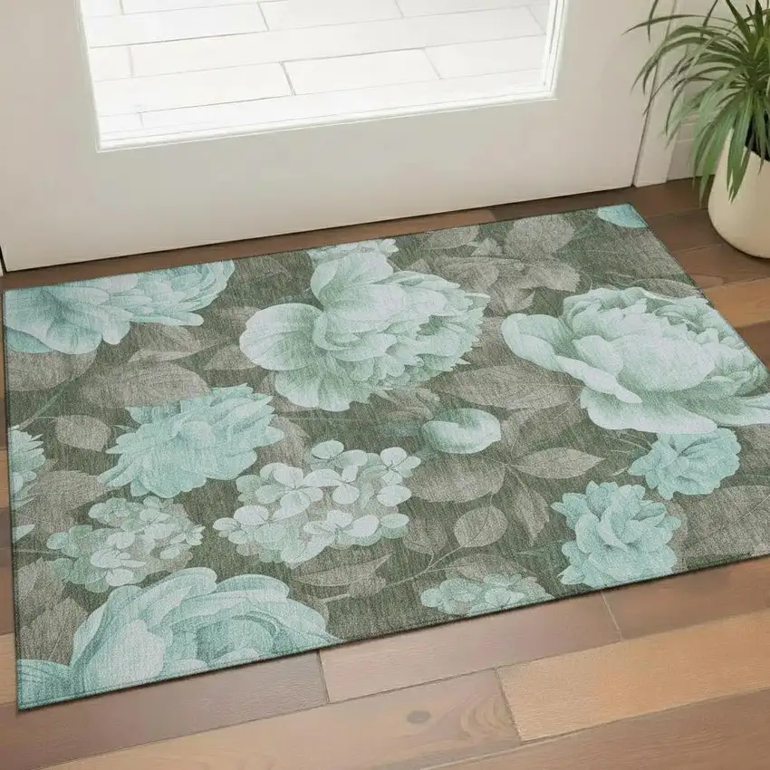 Pale Aqua And Brown Floral Washable Area Rug With UV Protection Photo 2