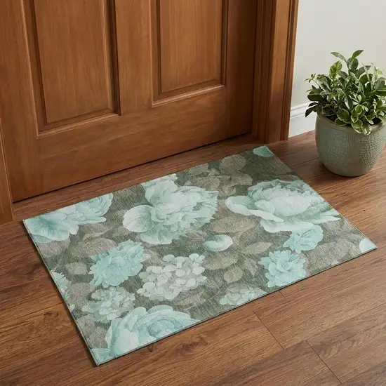 Pale Aqua And Brown Floral Washable Area Rug With UV Protection Photo 1